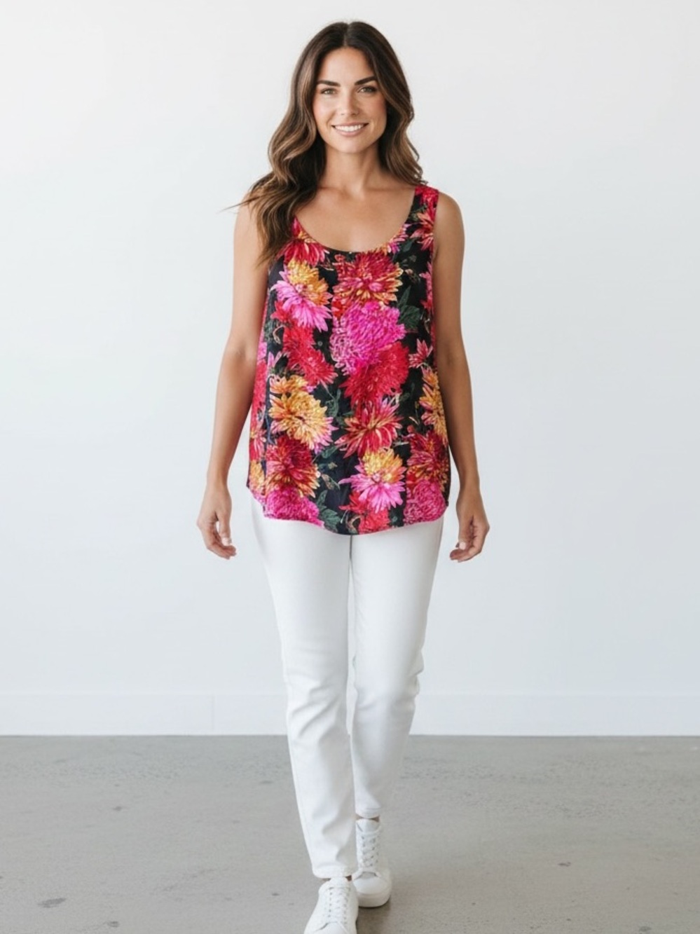 Floral Sleeveless Women's Tank Top - Black with Pink & Gold Blooms